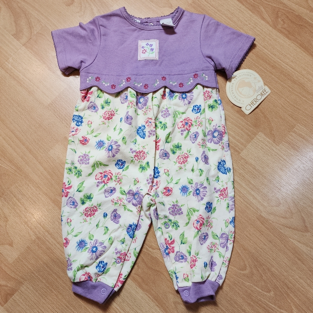 Vintage Cherokee One Piece Romper Size 6/9 Months 100% Cotton Purple Floral NWT
